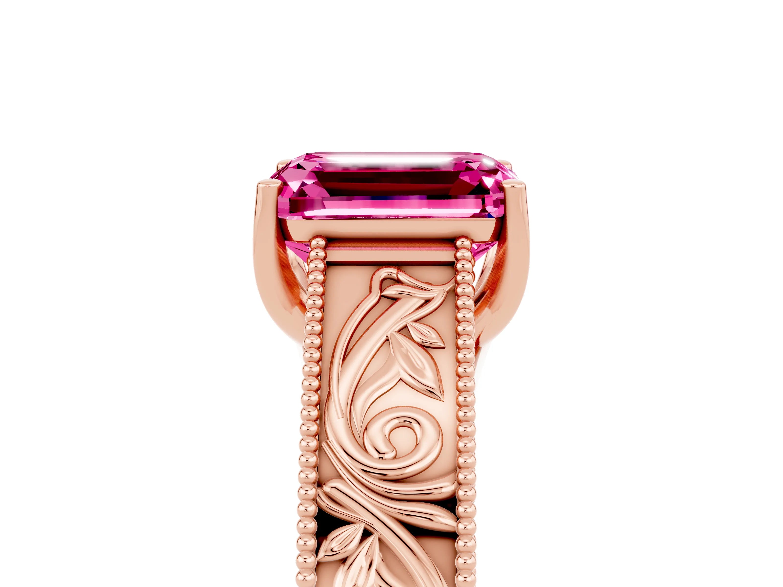 Rose gold Emerald Cut Pink Sapphire Solitaire Ring with Engraved Band and Four-Prong Setting_5