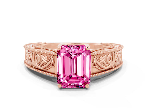 Rose gold Emerald Cut Pink Sapphire Solitaire Ring with Engraved Band and Four-Prong Setting