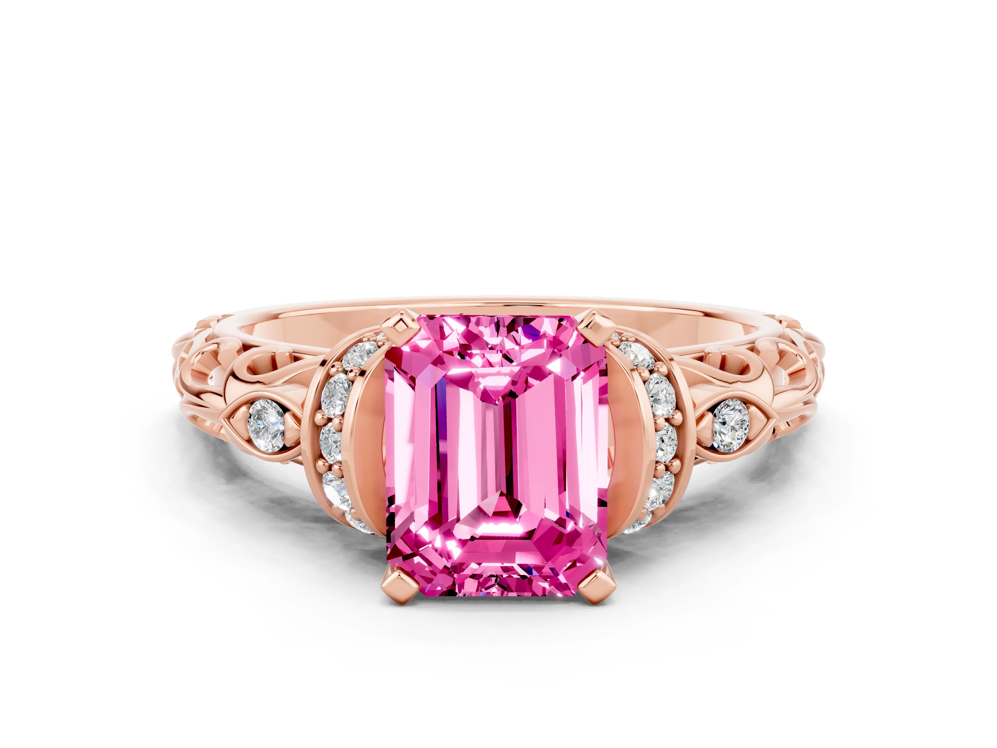 Rose gold Emerald Cut Pink Sapphire Solitaire Ring with Filigree Band and Four-Prong Setting_48