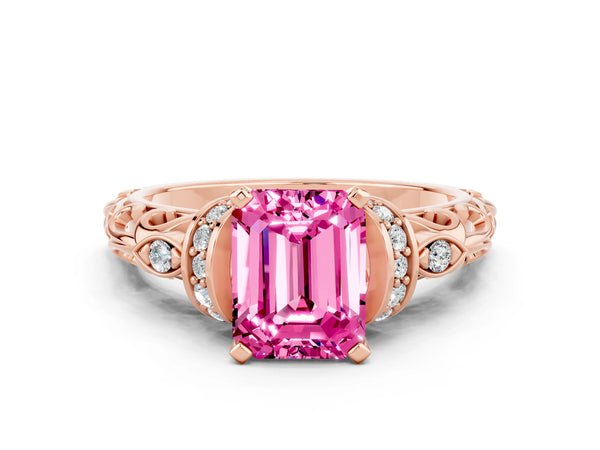 Rose gold Emerald Cut Pink Sapphire Solitaire Ring with Filigree Band and Four-Prong Setting