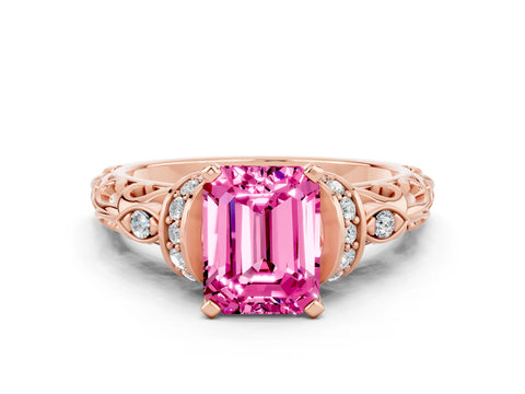 Rose gold Emerald Cut Pink Sapphire Solitaire Ring with Filigree Band and Four-Prong Setting_48