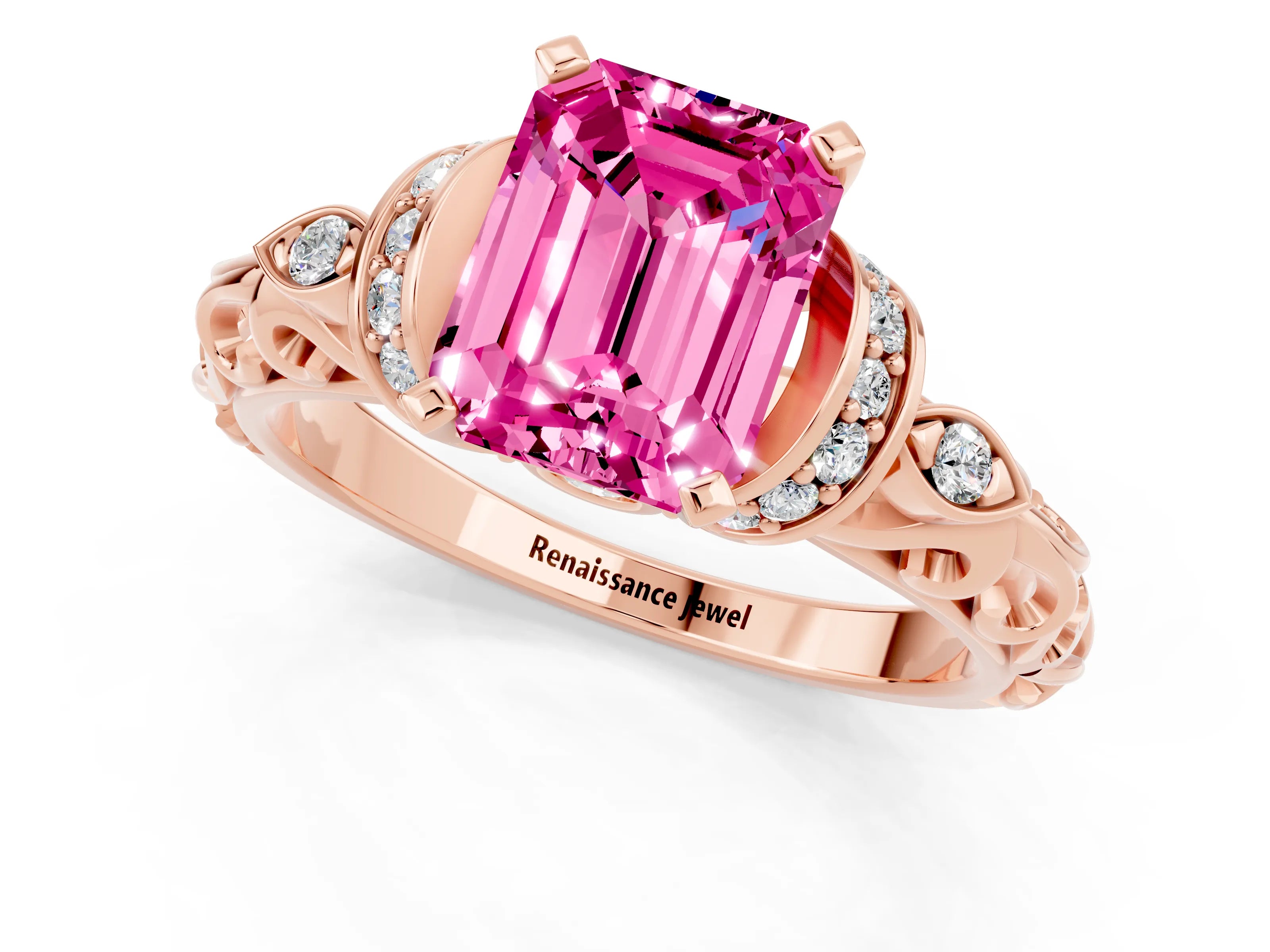 Rose gold Emerald Cut Pink Sapphire Solitaire Ring with Filigree Band and Four-Prong Setting_49