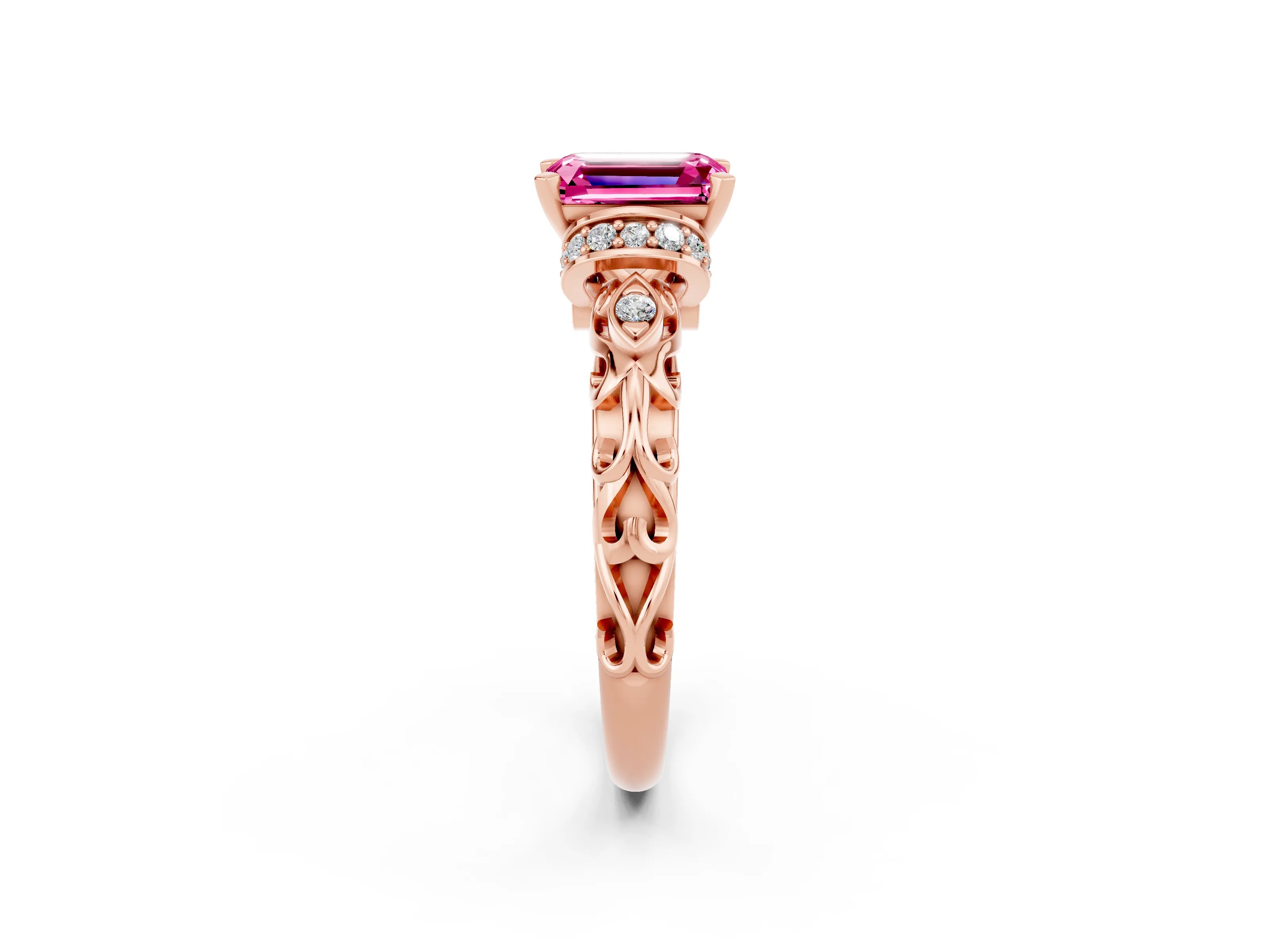 Rose gold Emerald Cut Pink Sapphire Solitaire Ring with Filigree Band and Four-Prong Setting_50