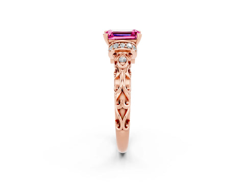 Rose gold Emerald Cut Pink Sapphire Solitaire Ring with Filigree Band and Four-Prong Setting_50