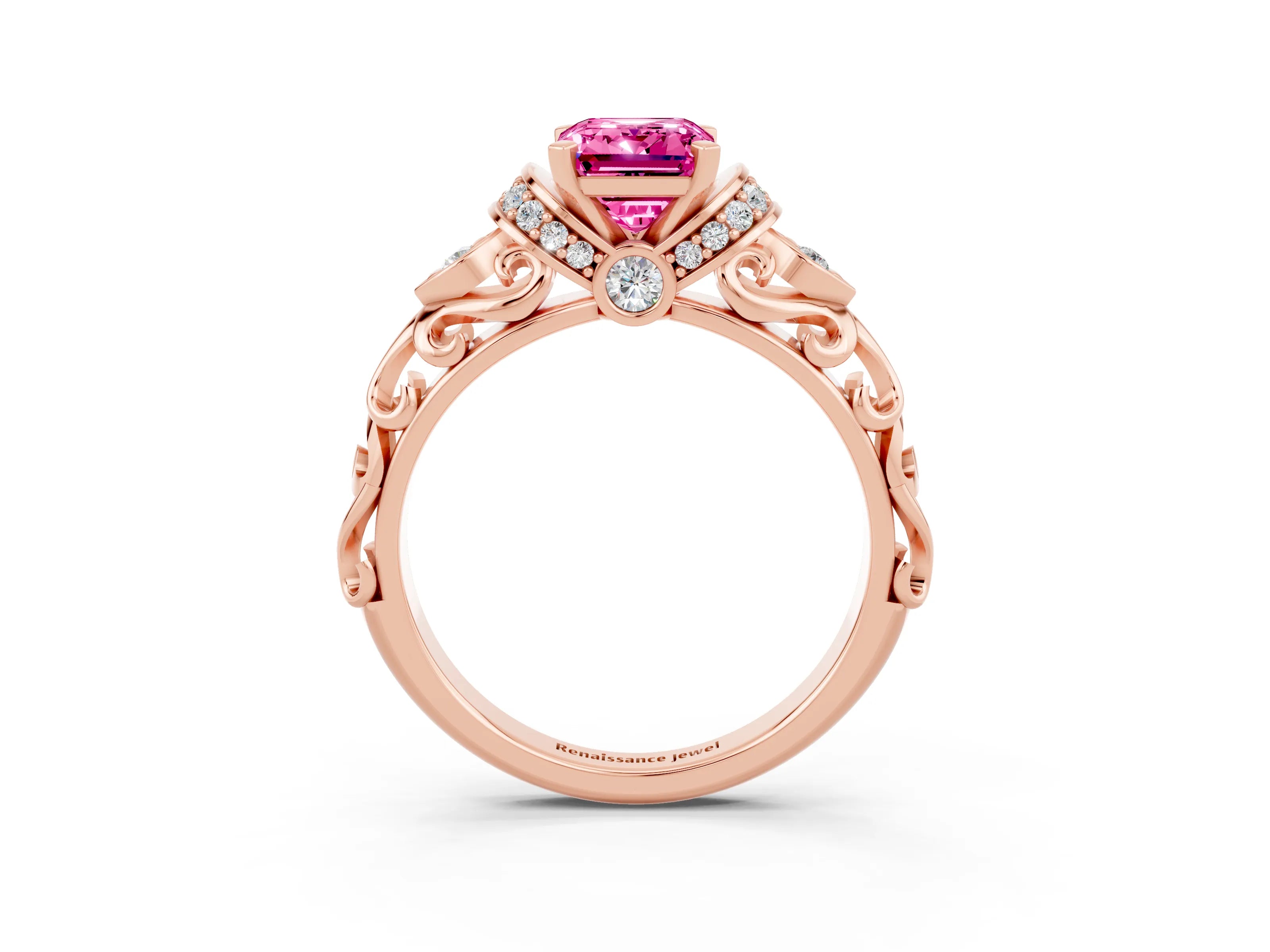 Rose gold Emerald Cut Pink Sapphire Solitaire Ring with Filigree Band and Four-Prong Setting_51