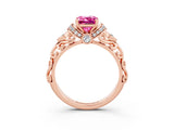 Rose gold Emerald Cut Pink Sapphire Solitaire Ring with Filigree Band and Four-Prong Setting_51