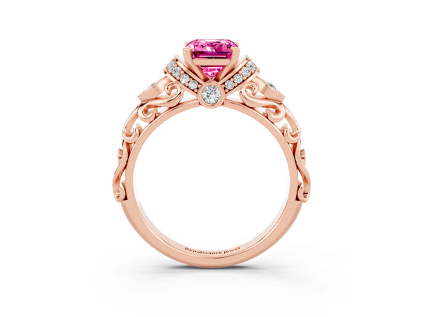 Rose gold Emerald Cut Pink Sapphire Solitaire Ring with Filigree Band and Four-Prong Setting
