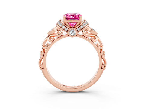 Rose gold Emerald Cut Pink Sapphire Solitaire Ring with Filigree Band and Four-Prong Setting_51