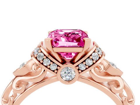 Rose gold Emerald Cut Pink Sapphire Solitaire Ring with Filigree Band and Four-Prong Setting_52