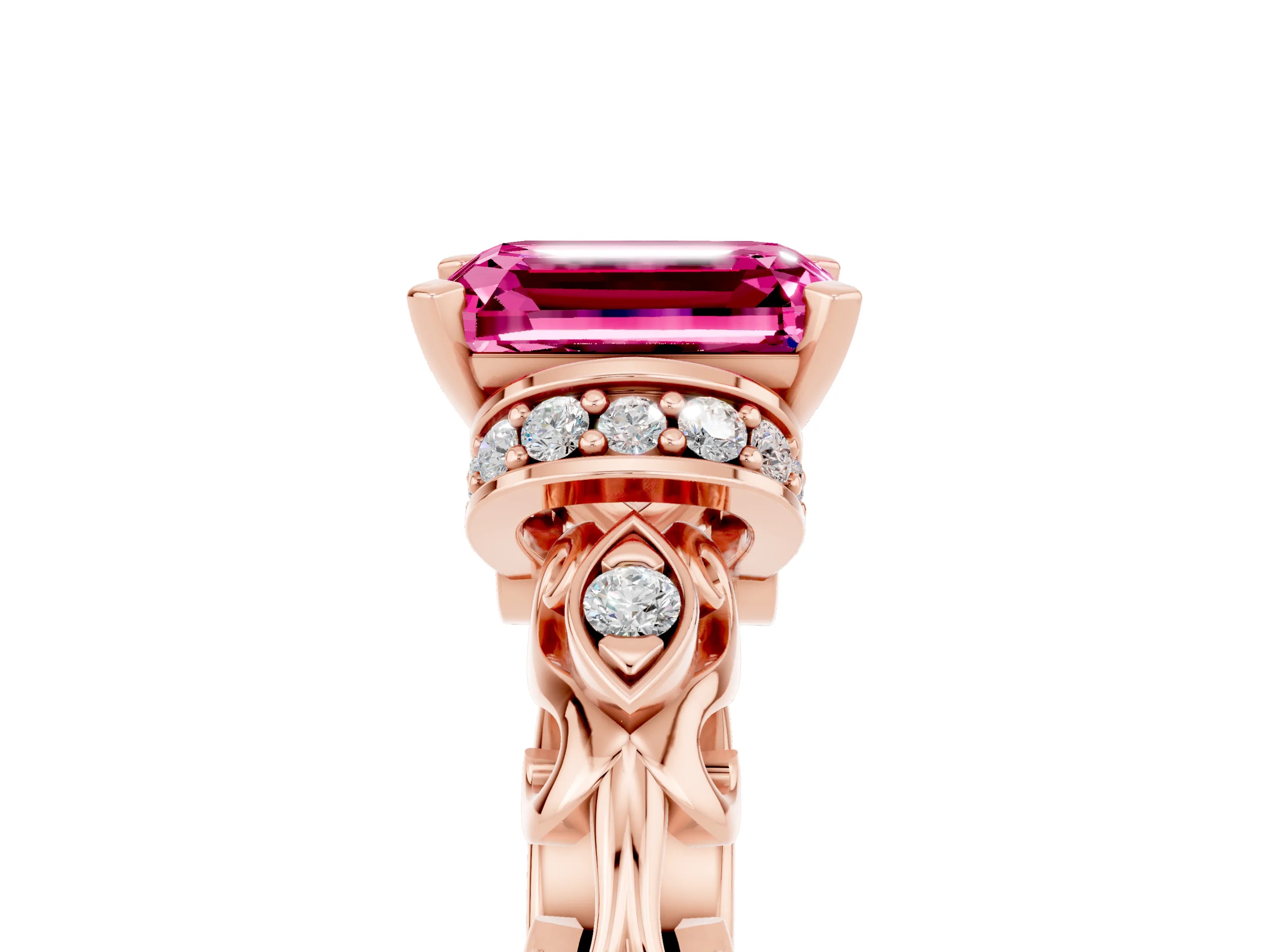 Rose gold Emerald Cut Pink Sapphire Solitaire Ring with Filigree Band and Four-Prong Setting_53