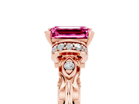 Rose gold Emerald Cut Pink Sapphire Solitaire Ring with Filigree Band and Four-Prong Setting_53