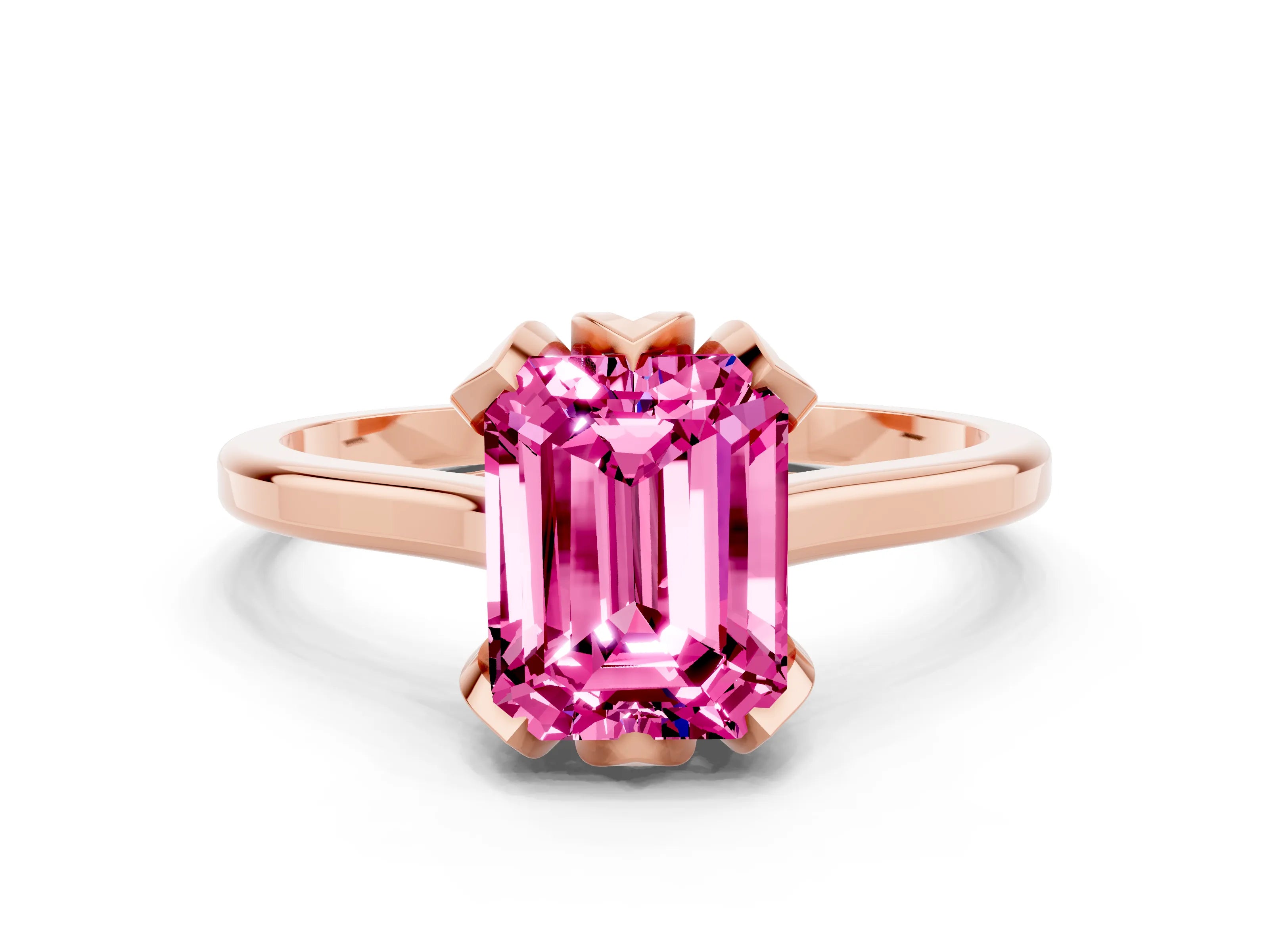 Rose gold Emerald Cut Pink Sapphire Solitaire Ring with Flower Prong Setting and Classic Band_12
