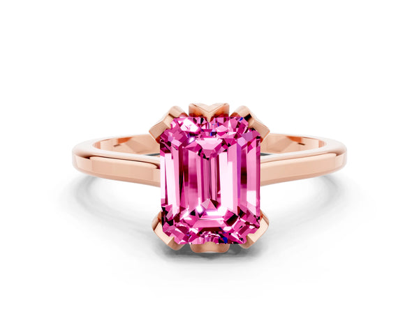 Rose gold Emerald Cut Pink Sapphire Solitaire Ring with Flower Prong Setting and Classic Band