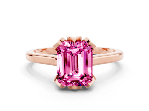 Rose gold Emerald Cut Pink Sapphire Solitaire Ring with Flower Prong Setting and Classic Band_12