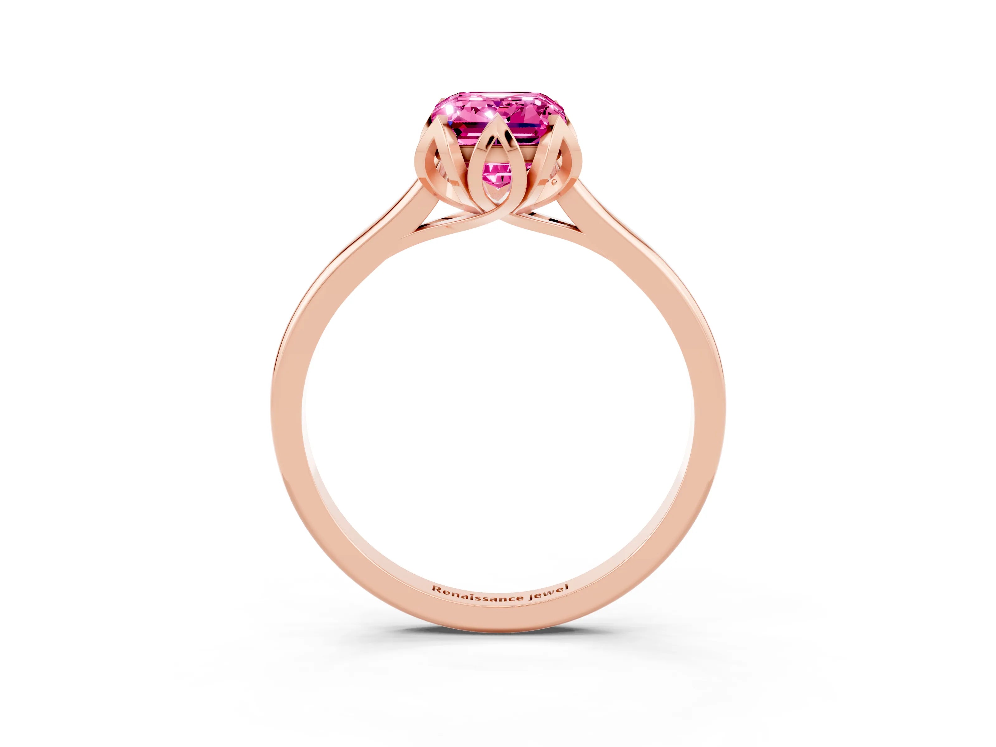 Rose gold Emerald Cut Pink Sapphire Solitaire Ring with Flower Prong Setting and Classic Band_15