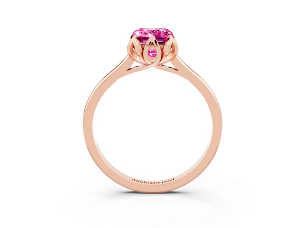 Rose gold Emerald Cut Pink Sapphire Solitaire Ring with Flower Prong Setting and Classic Band