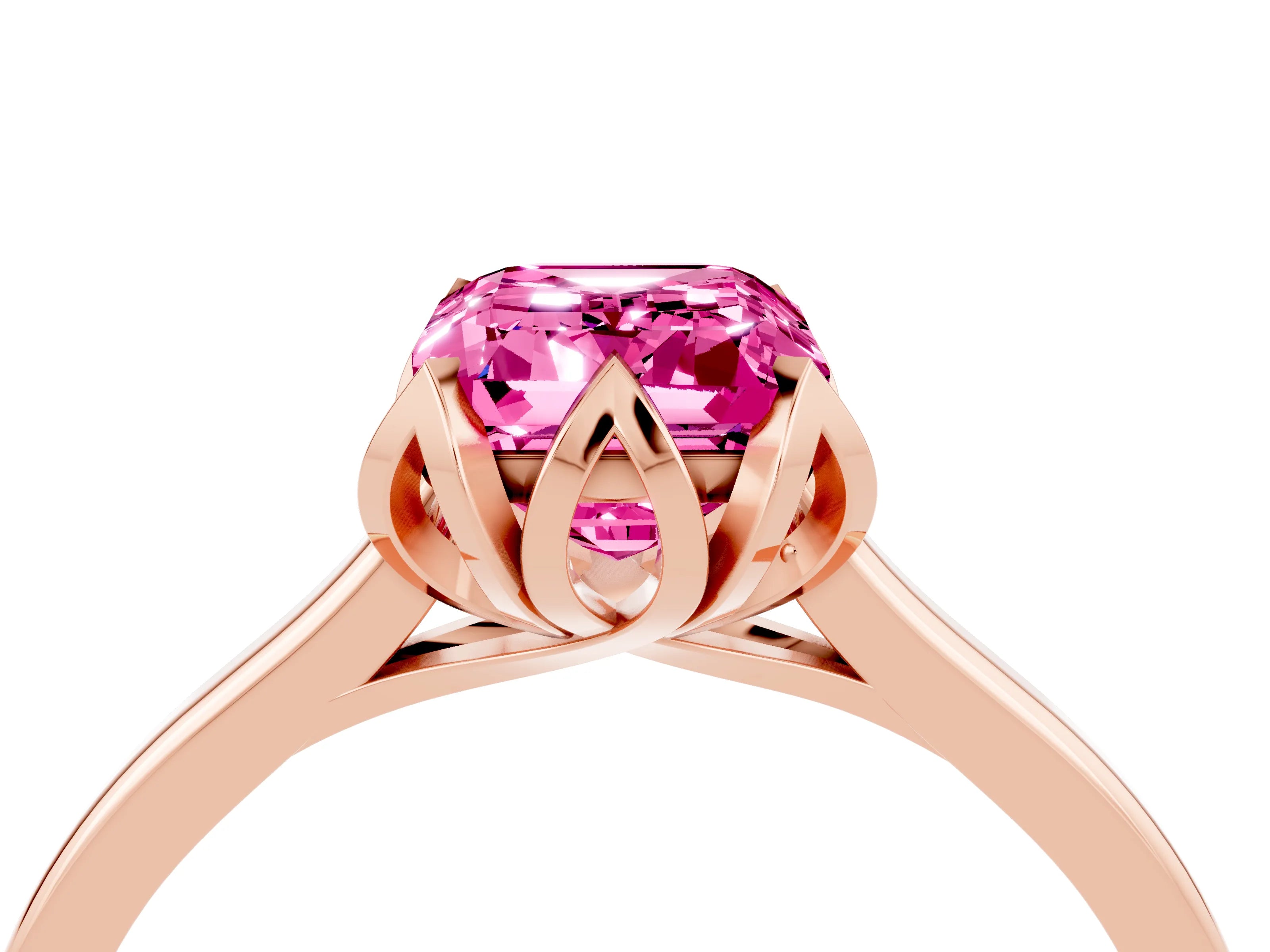 Rose gold Emerald Cut Pink Sapphire Solitaire Ring with Flower Prong Setting and Classic Band_16