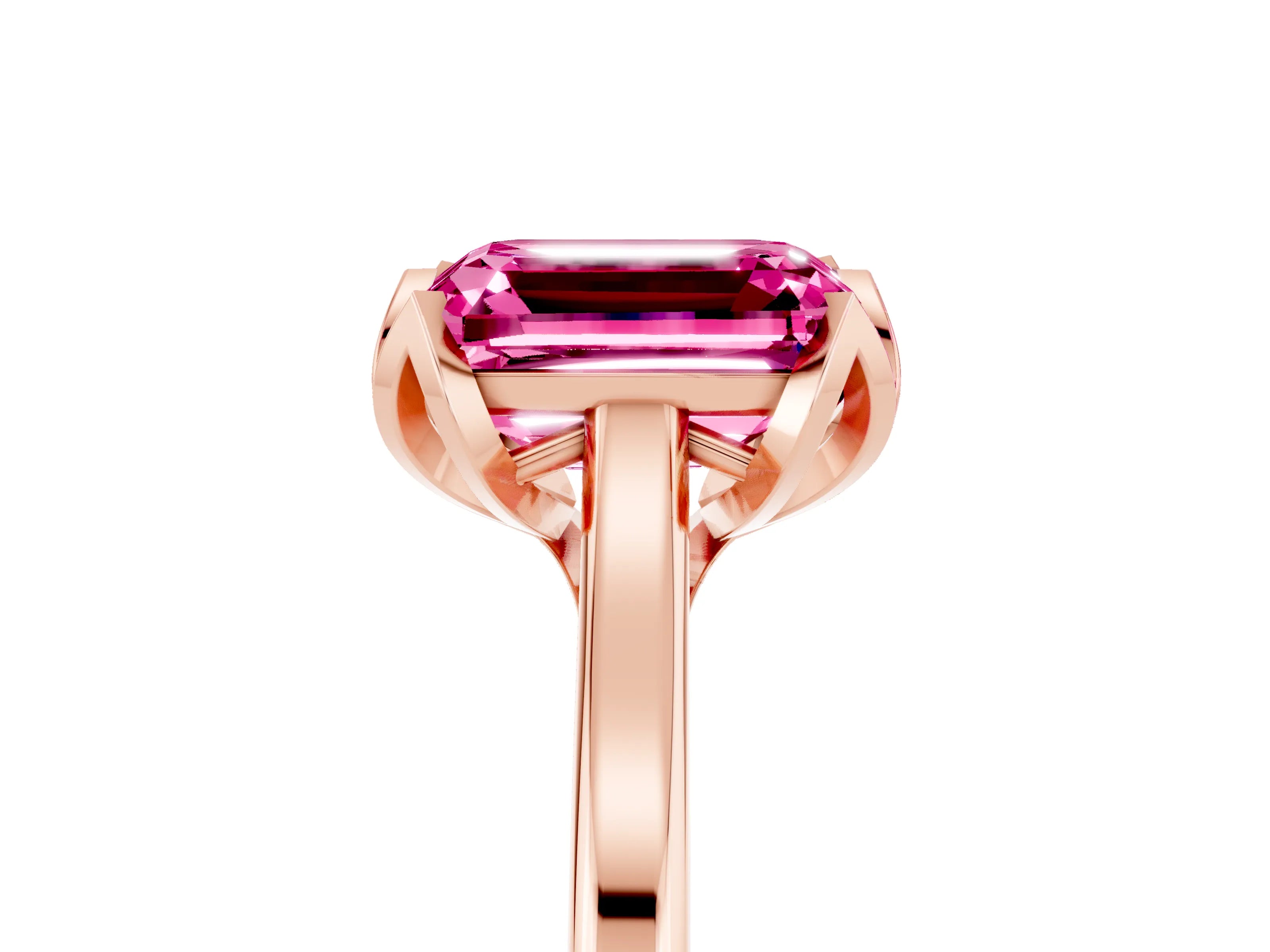Rose gold Emerald Cut Pink Sapphire Solitaire Ring with Flower Prong Setting and Classic Band_17