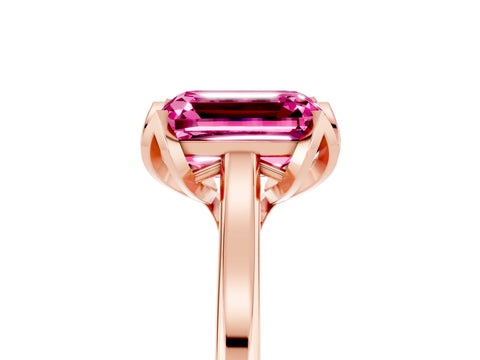 Rose gold Emerald Cut Pink Sapphire Solitaire Ring with Flower Prong Setting and Classic Band_17