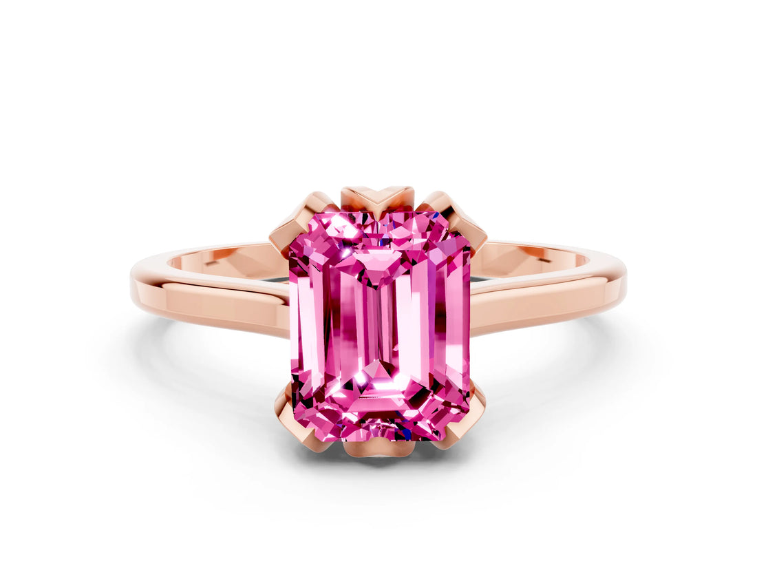 Rose gold Emerald Cut Pink Sapphire Solitaire Ring with Flower Prong Setting and Classic Band_37