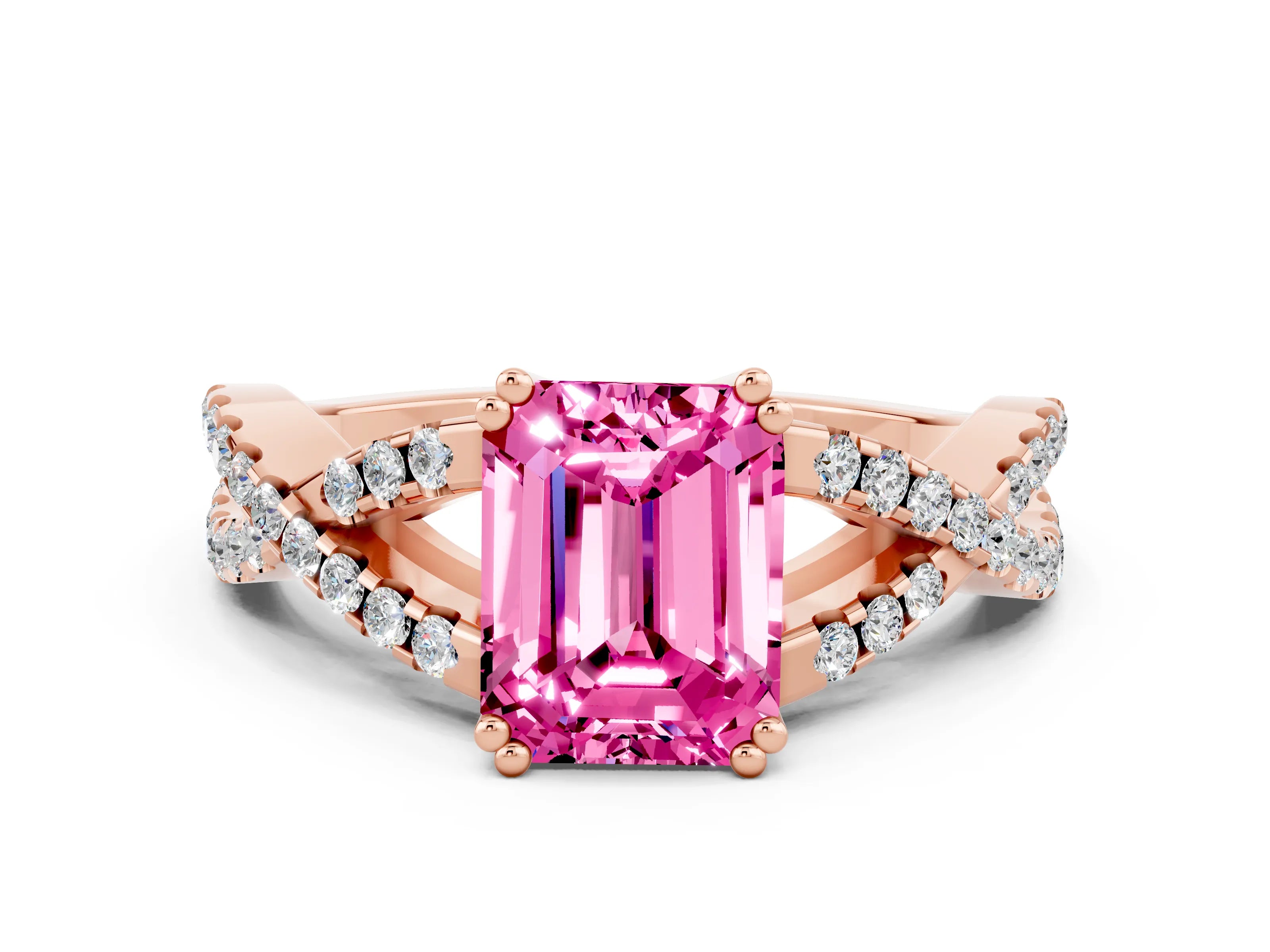 Rose gold Emerald Cut Pink Sapphire Solitaire Ring with Four-Prong Setting and Twisted Pavé Band_12