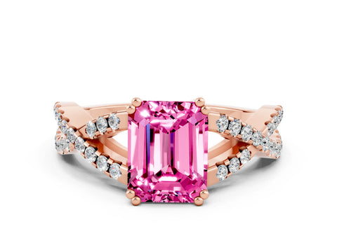 Rose gold Emerald Cut Pink Sapphire Solitaire Ring with Four-Prong Setting and Twisted Pavé Band_12