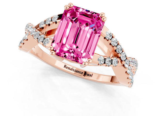 Rose gold Emerald Cut Pink Sapphire Solitaire Ring with Four-Prong Setting and Twisted Pavé Band