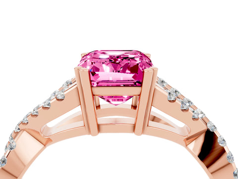 Rose gold Emerald Cut Pink Sapphire Solitaire Ring with Four-Prong Setting and Twisted Pavé Band_16