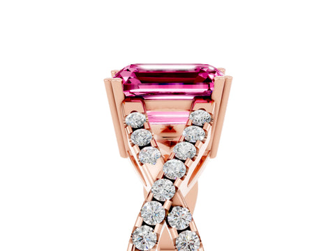 Rose gold Emerald Cut Pink Sapphire Solitaire Ring with Four-Prong Setting and Twisted Pavé Band_17