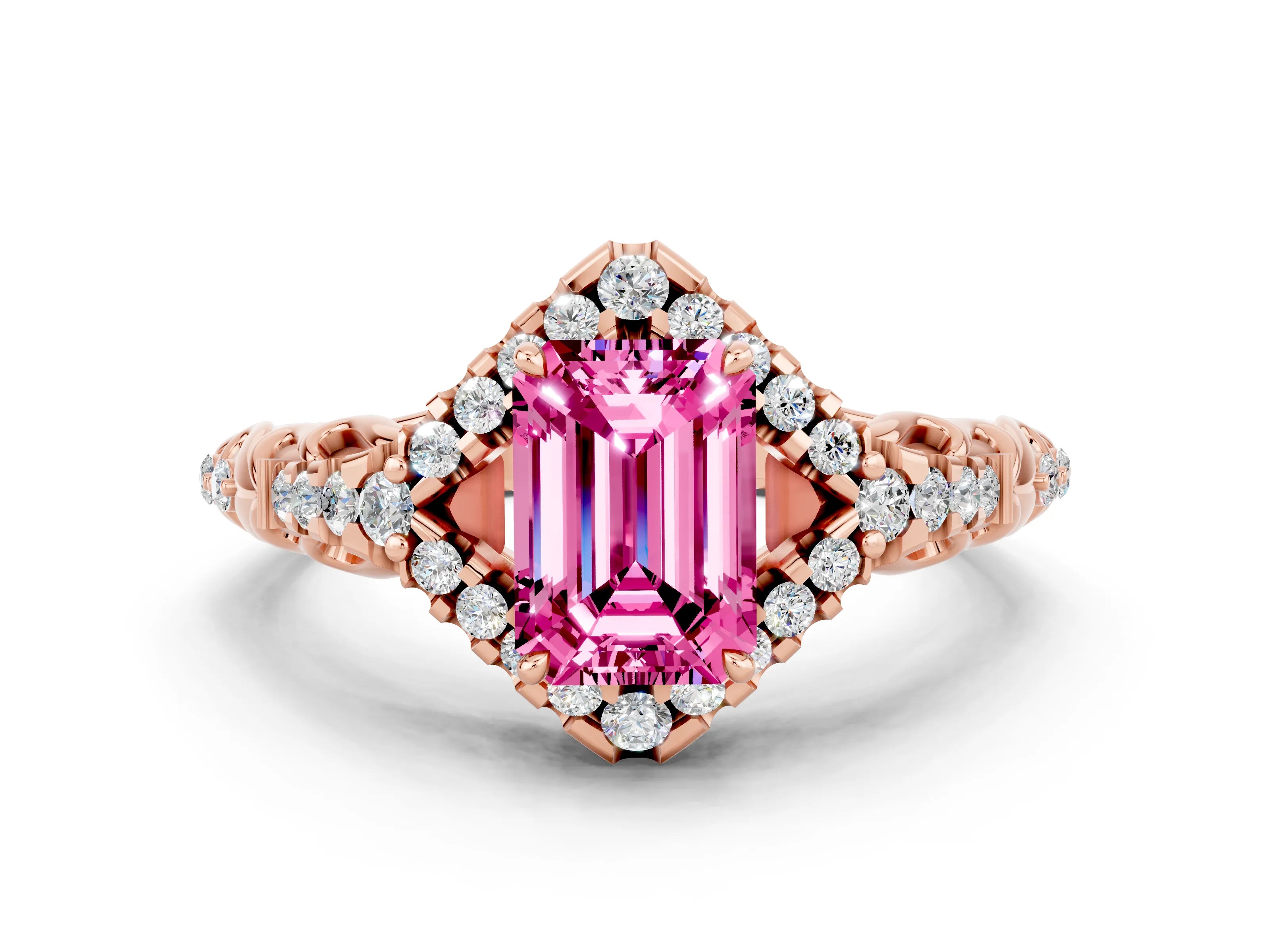 Rose gold Emerald Cut Pink Sapphire Solitaire Ring with Hidden Halo and Pavé Band_12