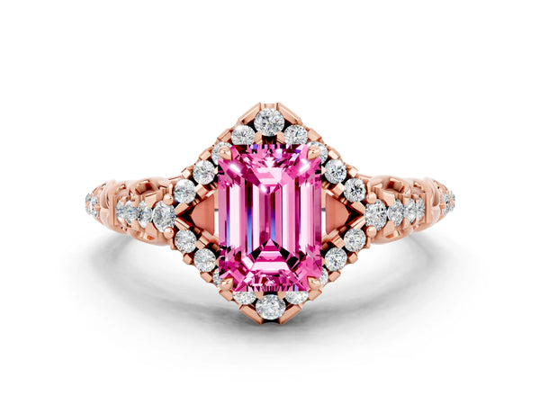 Rose gold Emerald Cut Pink Sapphire Solitaire Ring with Hidden Halo and Pavé Band