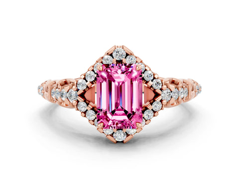 Rose gold Emerald Cut Pink Sapphire Solitaire Ring with Hidden Halo and Pavé Band_12