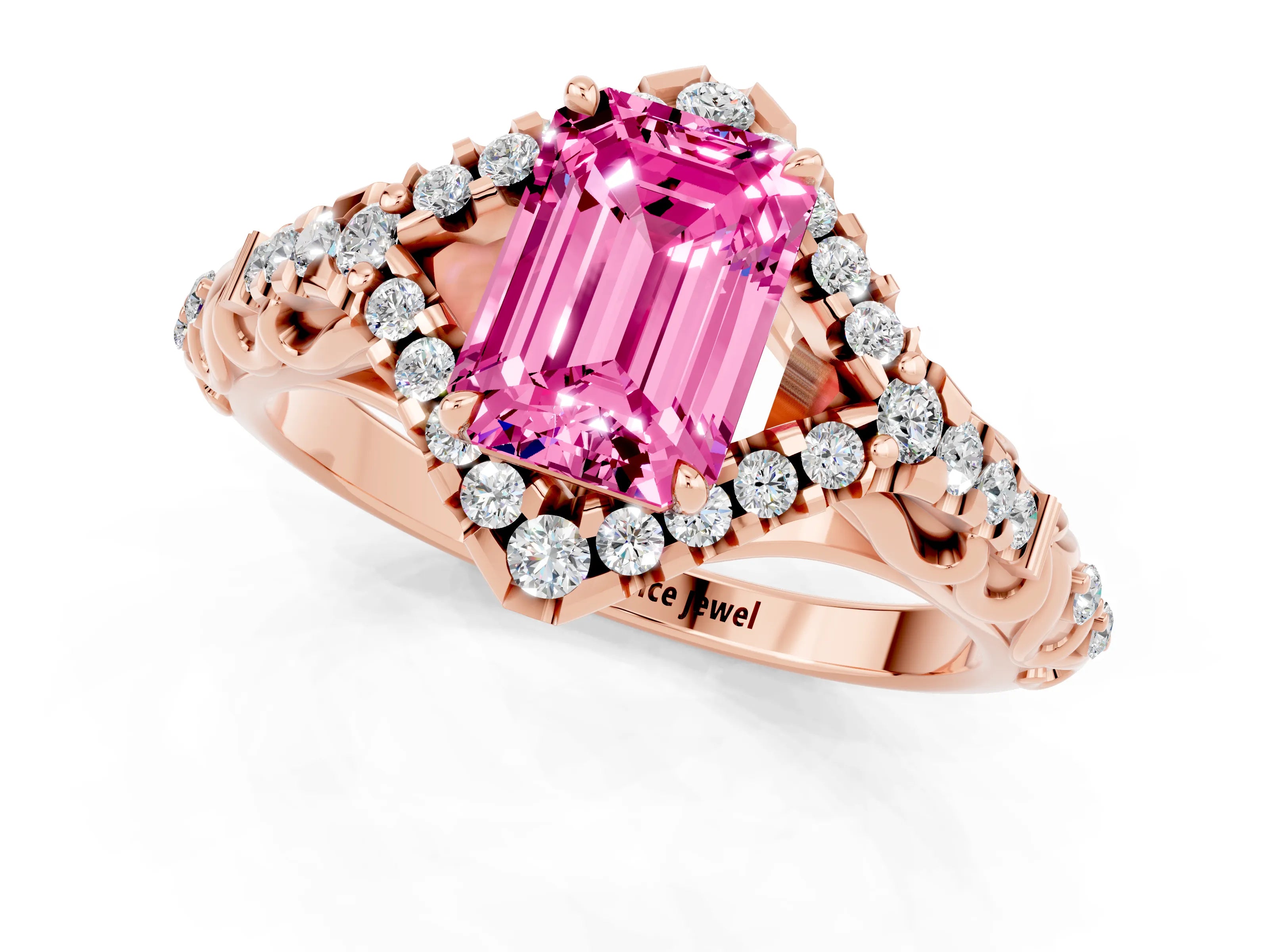 Rose gold Emerald Cut Pink Sapphire Solitaire Ring with Hidden Halo and Pavé Band_13