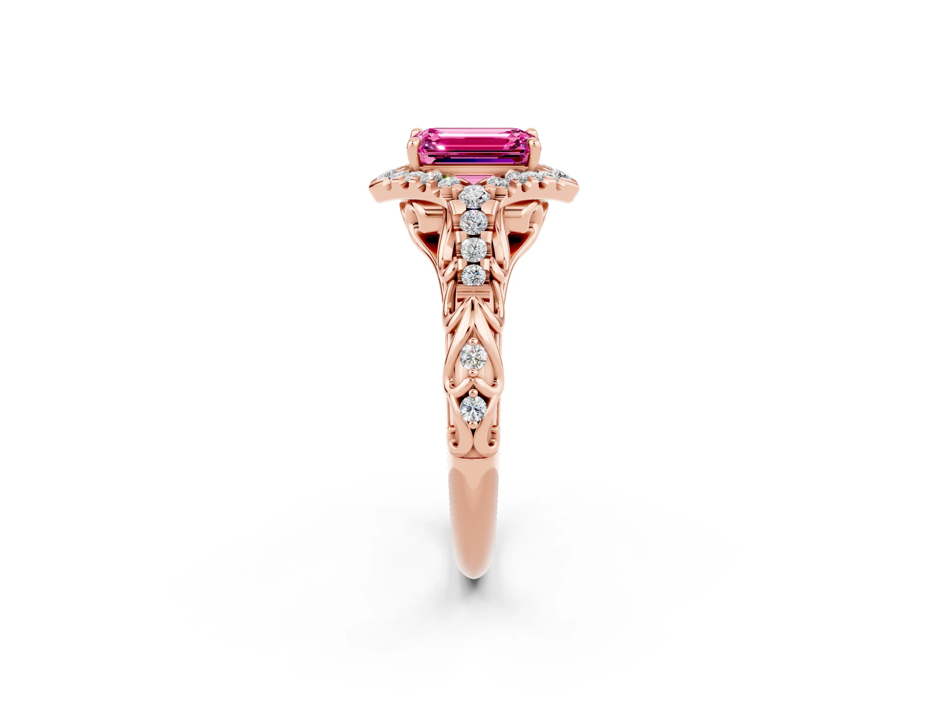 Rose gold Emerald Cut Pink Sapphire Solitaire Ring with Hidden Halo and Pavé Band_14