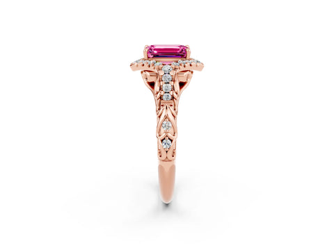 Rose gold Emerald Cut Pink Sapphire Solitaire Ring with Hidden Halo and Pavé Band_14