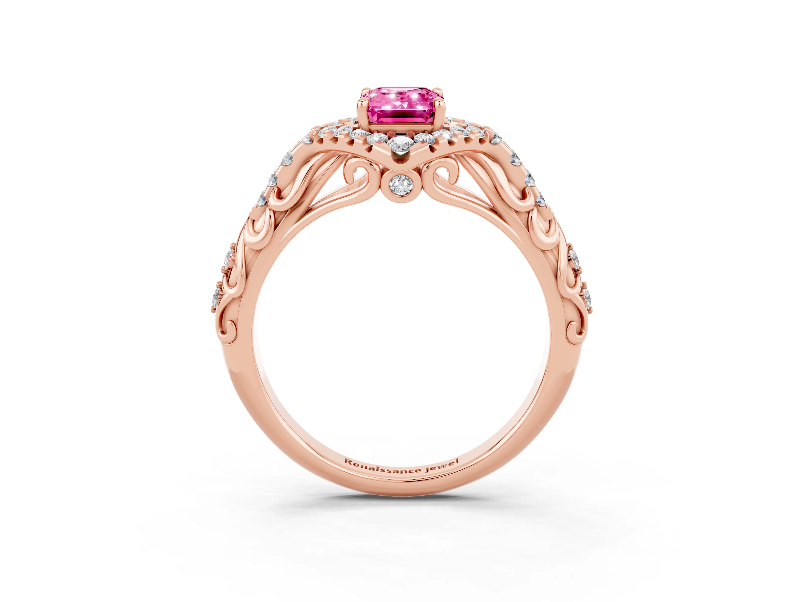 Rose gold Emerald Cut Pink Sapphire Solitaire Ring with Hidden Halo and Pavé Band_15