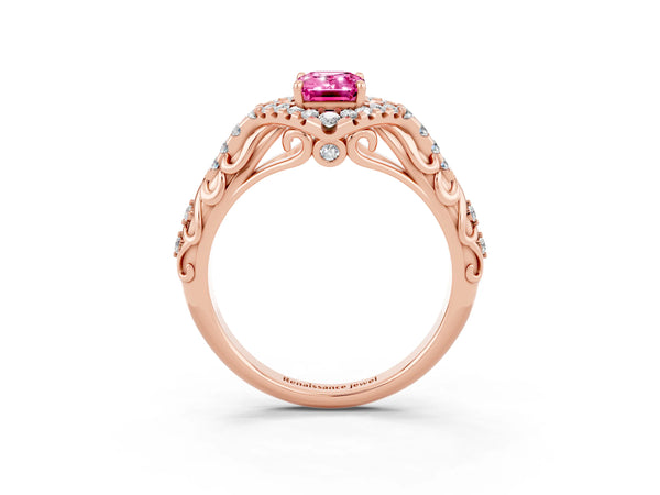 Rose gold Emerald Cut Pink Sapphire Solitaire Ring with Hidden Halo and Pavé Band