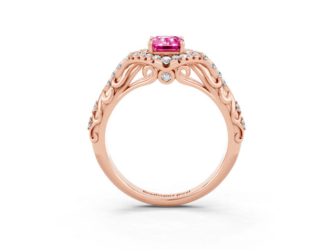 Rose gold Emerald Cut Pink Sapphire Solitaire Ring with Hidden Halo and Pavé Band_15