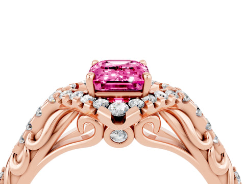 Rose gold Emerald Cut Pink Sapphire Solitaire Ring with Hidden Halo and Pavé Band_16
