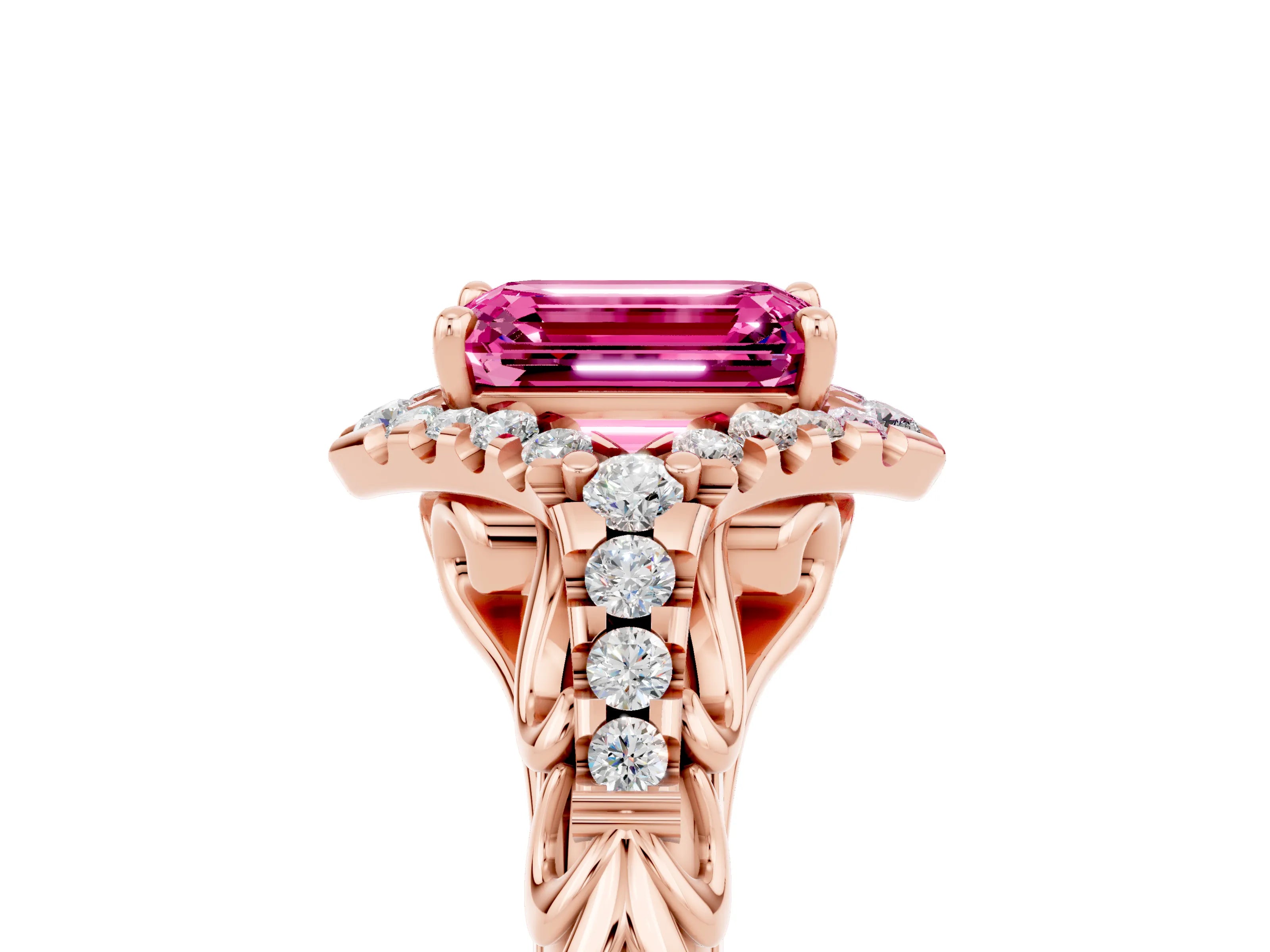 Rose gold Emerald Cut Pink Sapphire Solitaire Ring with Hidden Halo and Pavé Band_17
