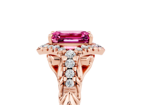 Rose gold Emerald Cut Pink Sapphire Solitaire Ring with Hidden Halo and Pavé Band_17