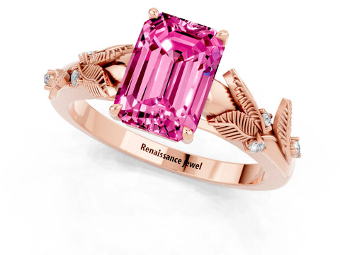 Rose gold Emerald Cut Pink Sapphire Solitaire Ring with Leaf Motif Band and Four-Prong Setting_1