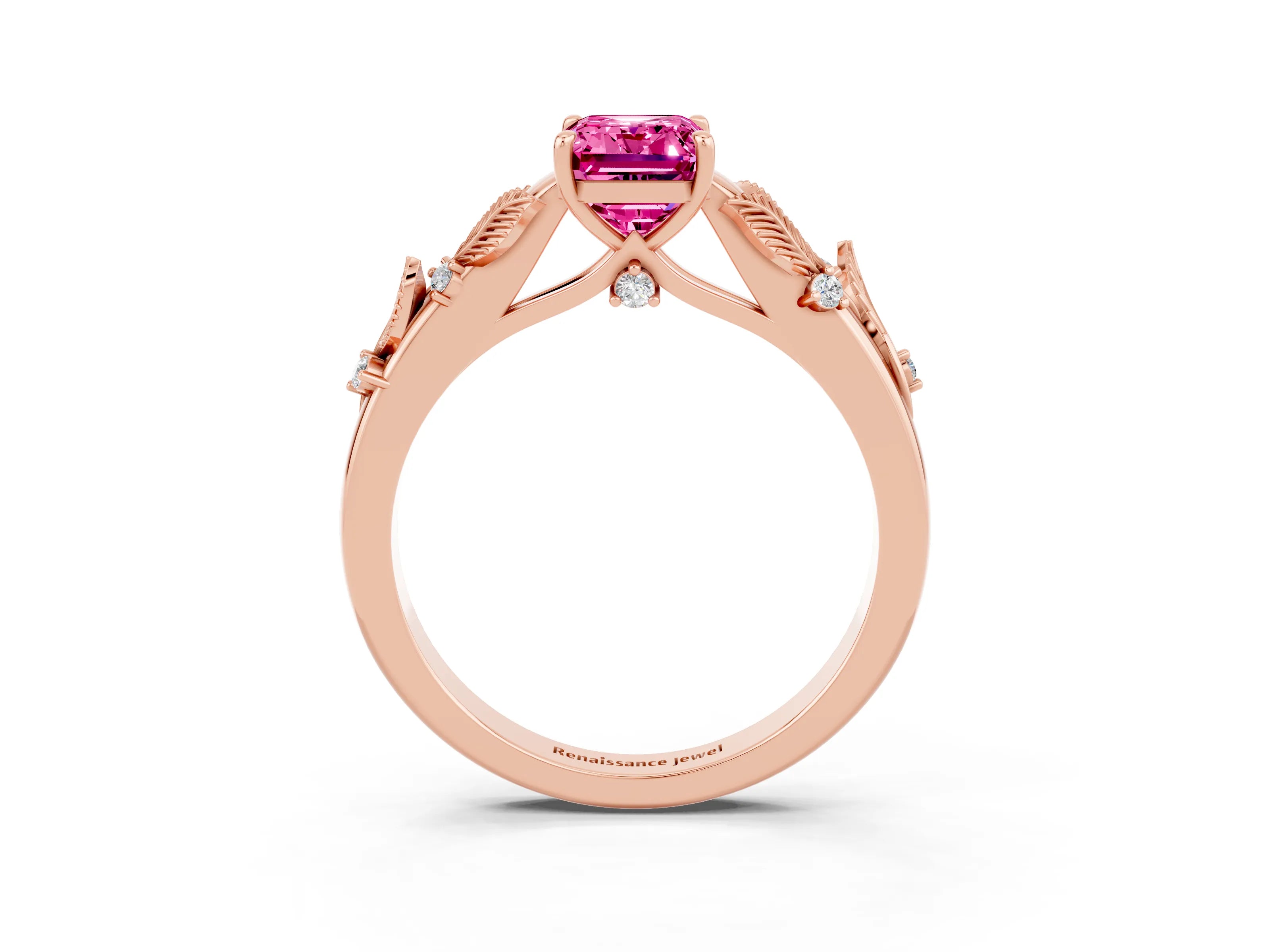 Rose gold Emerald Cut Pink Sapphire Solitaire Ring with Leaf Motif Band and Four-Prong Setting_3
