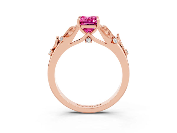 Rose gold Emerald Cut Pink Sapphire Solitaire Ring with Leaf Motif Band and Four-Prong Setting