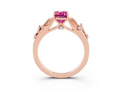 Rose gold Emerald Cut Pink Sapphire Solitaire Ring with Leaf Motif Band and Four-Prong Setting_3