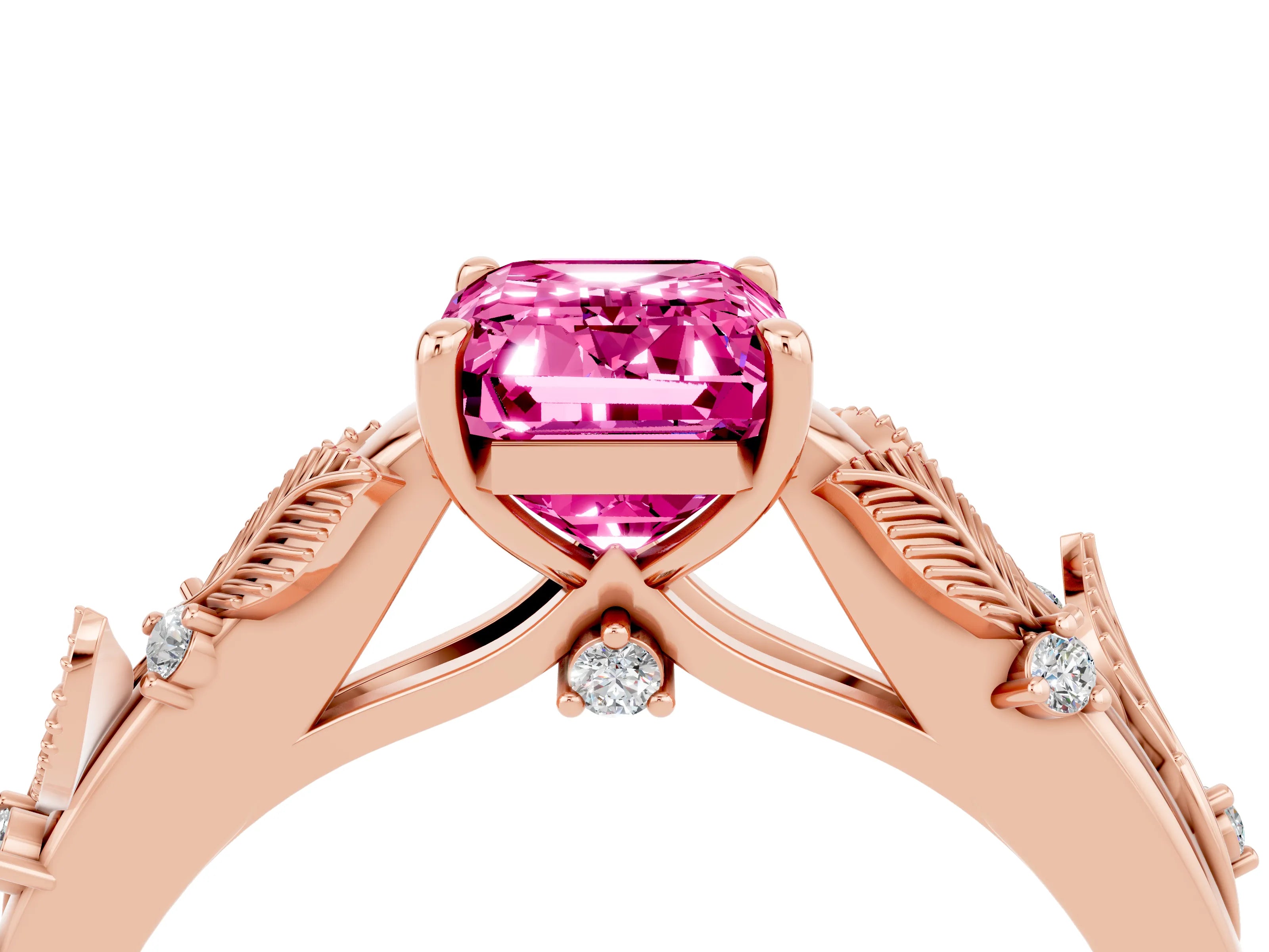 Rose gold Emerald Cut Pink Sapphire Solitaire Ring with Leaf Motif Band and Four-Prong Setting_4