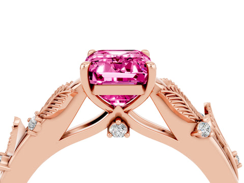 Rose gold Emerald Cut Pink Sapphire Solitaire Ring with Leaf Motif Band and Four-Prong Setting_4