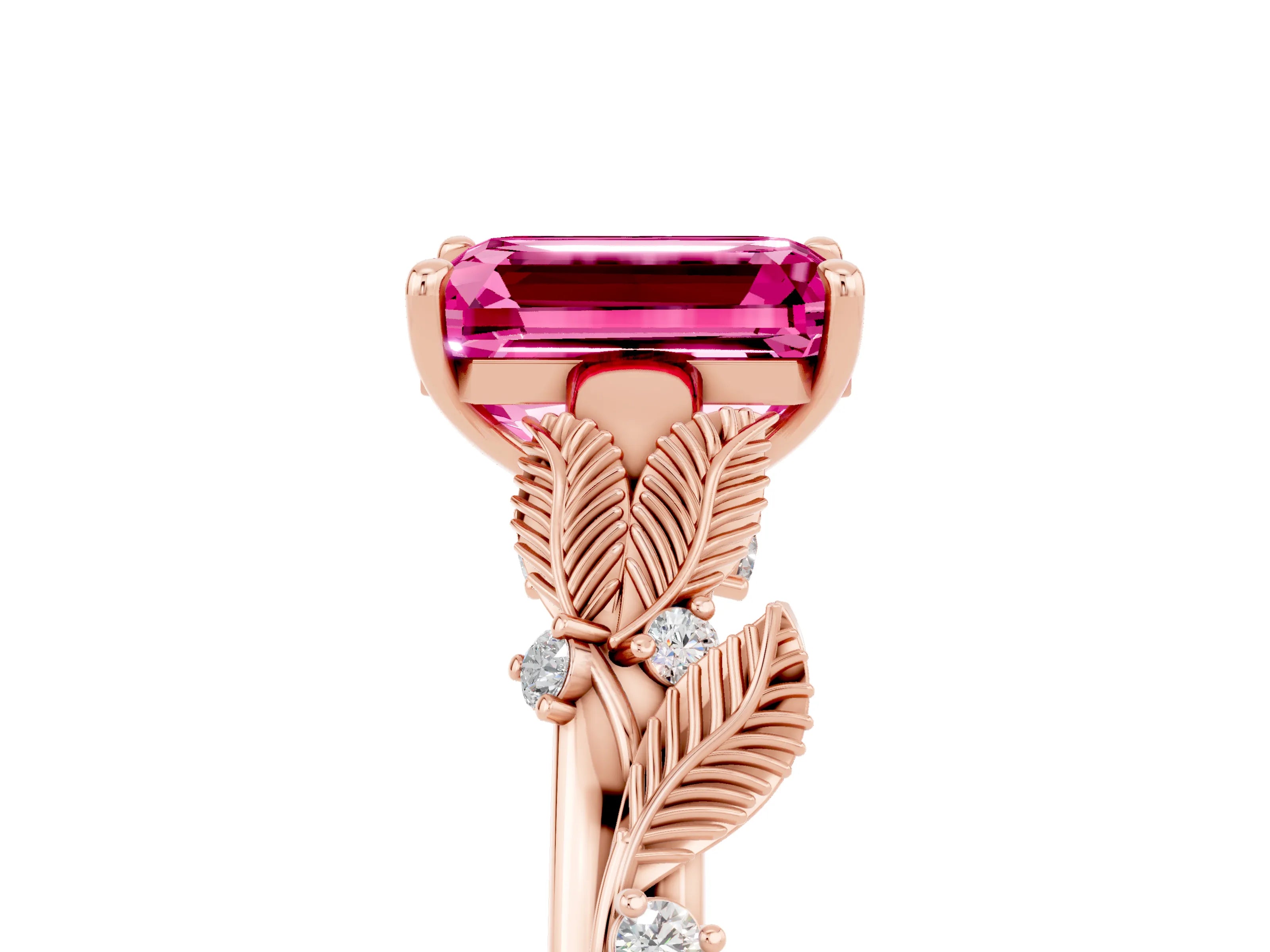 Rose gold Emerald Cut Pink Sapphire Solitaire Ring with Leaf Motif Band and Four-Prong Setting_5