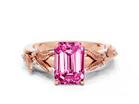 Rose gold Emerald Cut Pink Sapphire Solitaire Ring with Leaf Motif Band and Four-Prong Setting