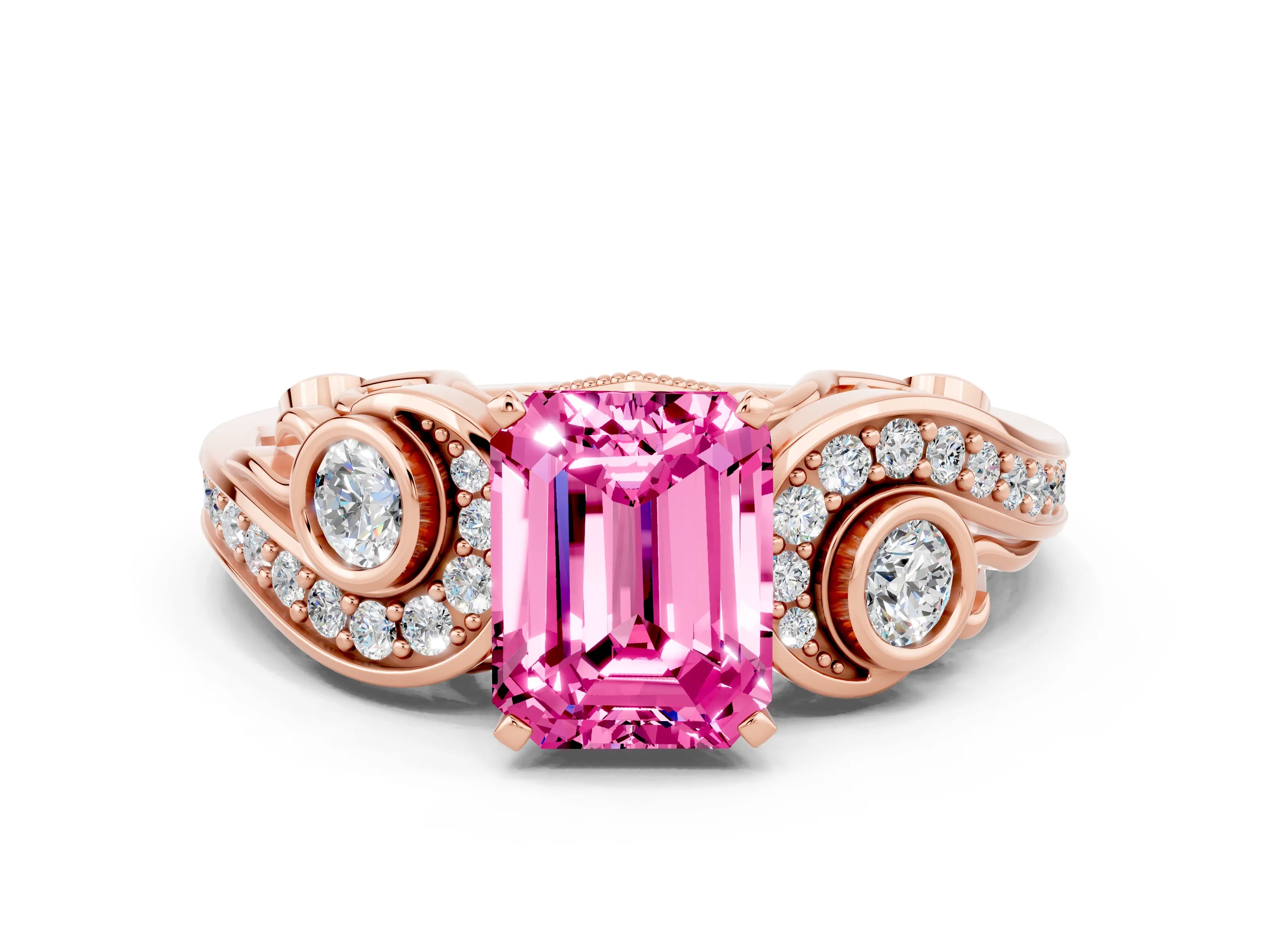 Rose gold Emerald Cut Pink Sapphire Solitaire Ring with Milgrain Pavé Band and Four-Prong Setting_24